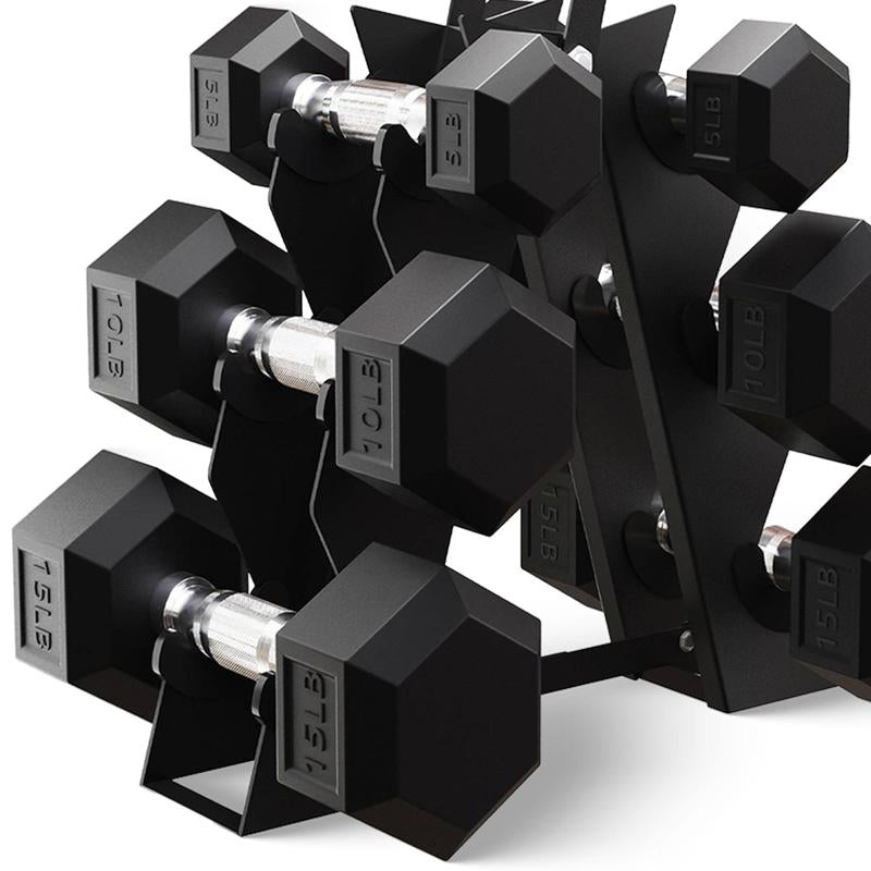 Balancefrom Rubber Encased Hex Dumbbell Set, 5, 8 & 10 Pound Pairs W/ Metal Rack