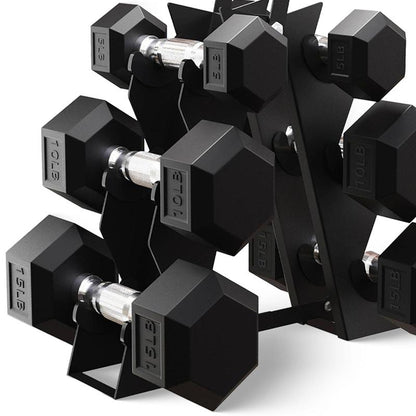 Balancefrom Rubber Encased Hex Dumbbell Set, 5, 8 & 10 Pound Pairs W/ Metal Rack