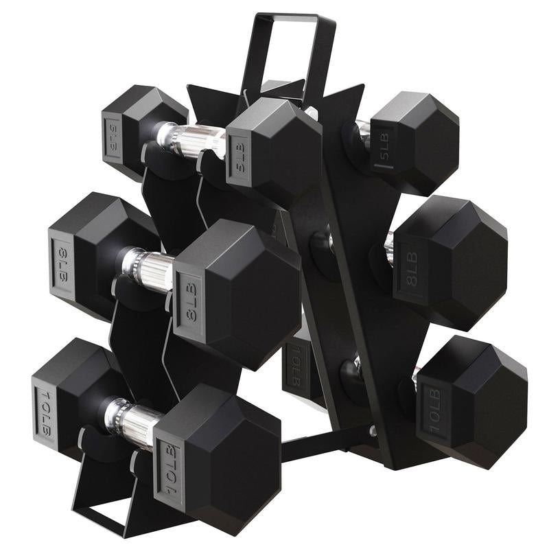 Balancefrom Rubber Encased Hex Dumbbell Set, 5, 8 & 10 Pound Pairs W/ Metal Rack